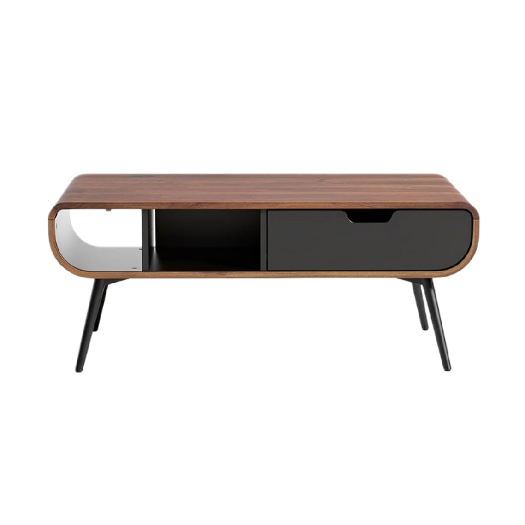 Moderne salontafel met opbergruimte in zwart en houtlook