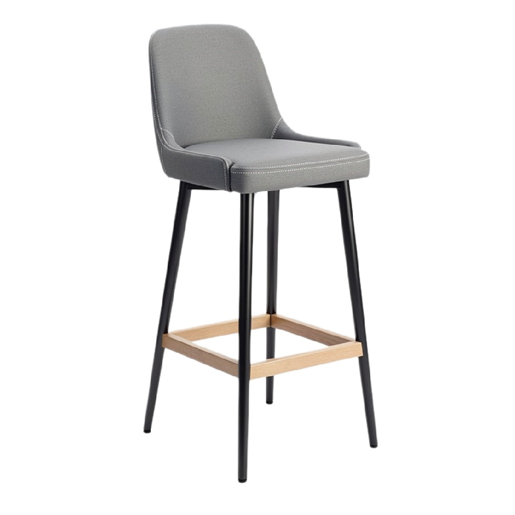 Eenvoudige moderne barkruk met grijze bekleding en zwart metalen frame