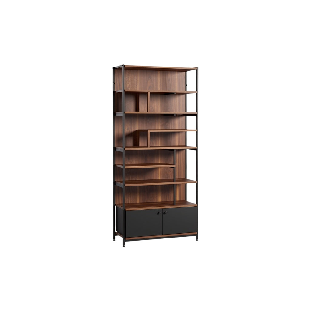 Moderne open boekenkast met zwarte en houten afwerking